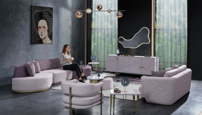 Żywy krajobraz Zestaw sofowy Duża różowa sofa materiałowa Nowoczesny zestaw Sofa 5-częściowa