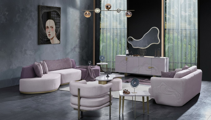 Żywy krajobraz Zestaw sofowy Duża różowa sofa materiałowa Nowoczesny zestaw Sofa 5-częściowa