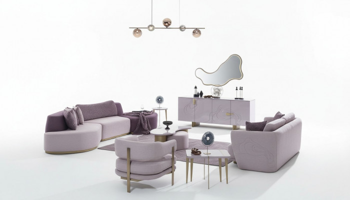 Żywy krajobraz Zestaw sofowy Duża różowa sofa materiałowa Nowoczesny zestaw Sofa 5-częściowa