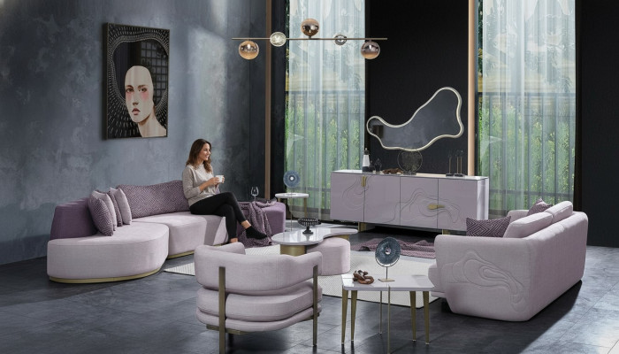 Sofy materiałowe Zestaw sofowy Duży Żywy krajobraz Różowy Zestaw Sofa 3-częściowa Modern