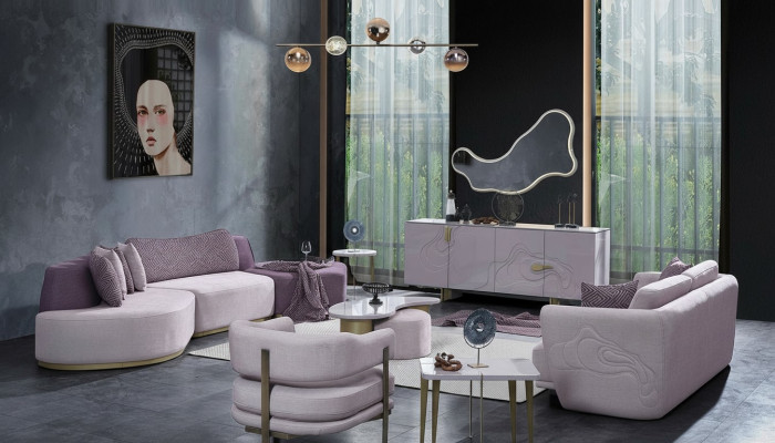 Sofy materiałowe Zestaw sofowy Duży Żywy krajobraz Różowy Zestaw Sofa 3-częściowa Modern