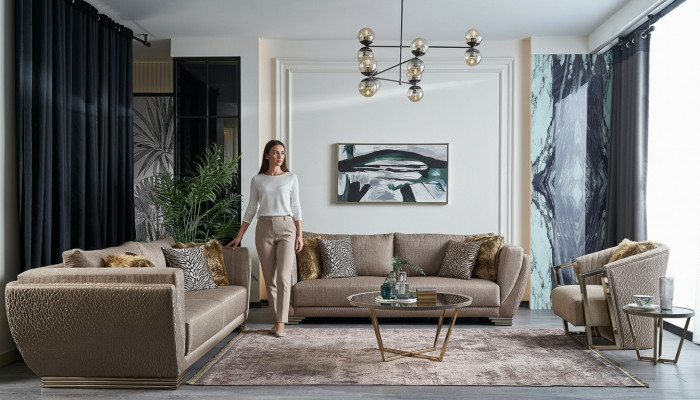 Sofy materiałowe Zestaw sofowy Sofa tapicerowana trzyosobowa brązowa komplet 3-częściowy nowoczesny