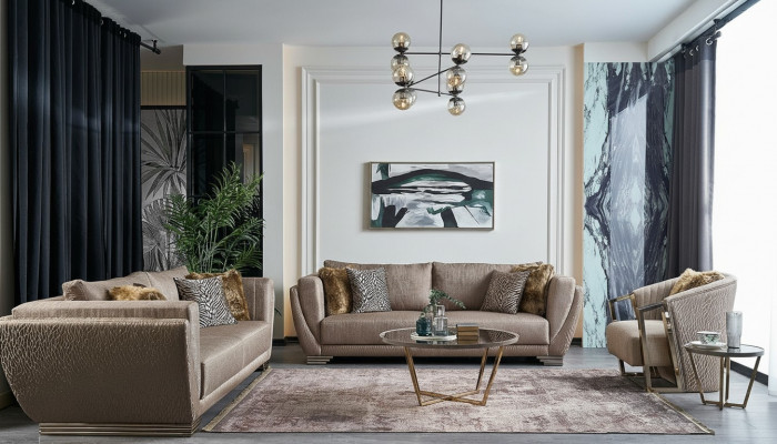 Sofy materiałowe Zestaw sofowy Sofa tapicerowana trzyosobowa brązowa komplet 3-częściowy nowoczesny