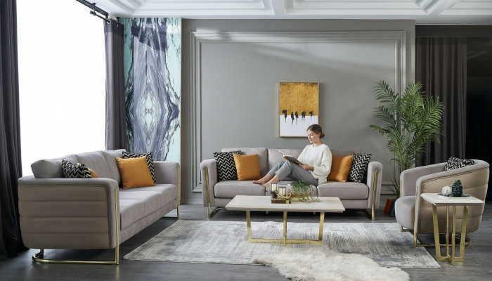 Zestaw kanapowy sofa materiałowa Zestaw sofowy sofa tapicerowana szary nowoczesny komplet 3 sztuki