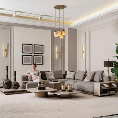 Żywy krajobraz Ustawić salon Narożnikowa kanapa sofa Stoliki do osłony 5-częściowej szarej
