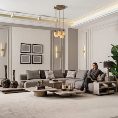 Narożnikowa kanapa L form Żywy krajobraz Sofa tapicerowana Sofa materiałowa Szara Nowoczesna Sofa
