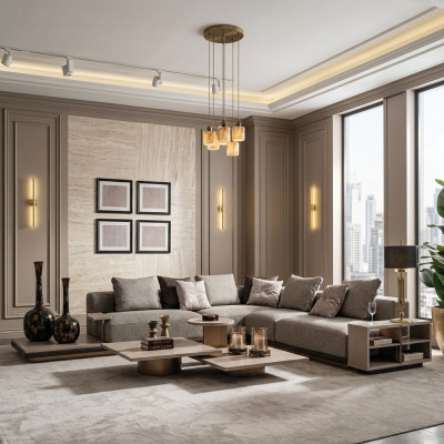 Narożnikowa kanapa L form Żywy krajobraz Sofa tapicerowana Sofa materiałowa Szara Nowoczesna Sofa