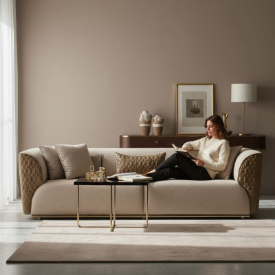 Nowoczesna trzyosobowa sofa 3 miejsce do siedzenia tapicerowana sofa materiałowa beżowa stylowe sofy