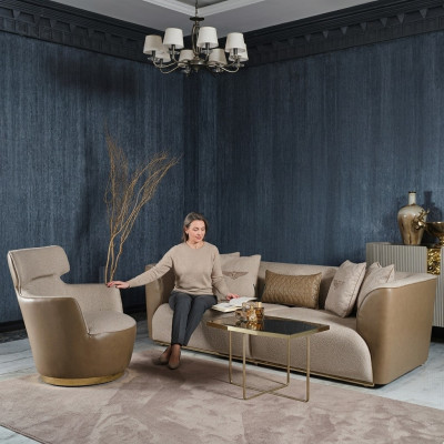 Zestaw sofowy trzyosobowa sofa materiałowa Fotel beżowa sofa tapicerowana komplet sof