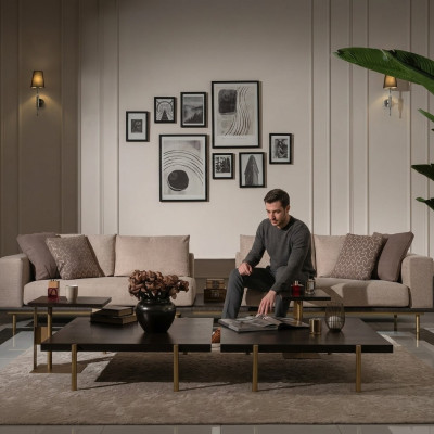 Pokój dzienny Grupa sofa Stoliki do kawy Sofa materiałowa 4-częściowa beż Drewno Modern