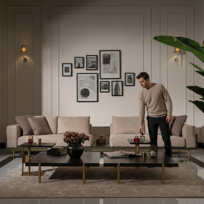 Sofa czteroosobowa 4 miejsce do siedzenia Sofa tapicerowana Sofa materiałowa Beżowa Nowoczesna Tabela Nowość