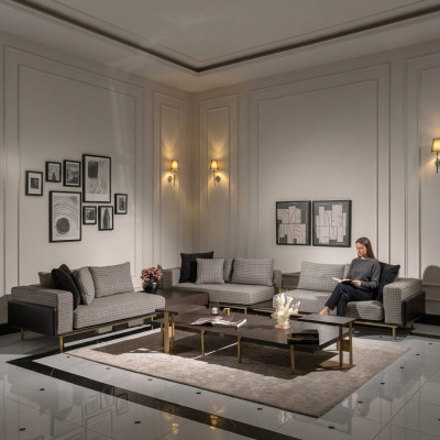 Salon Ustawić sofę Stoliki do kawy Sofa materiałowa 5-częściowa szara Zestaw Drewno