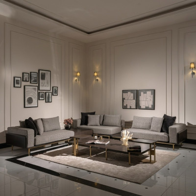 Salon Ustawić sofę Stoliki do kawy Sofa materiałowa 5-częściowa szara Zestaw Drewno
