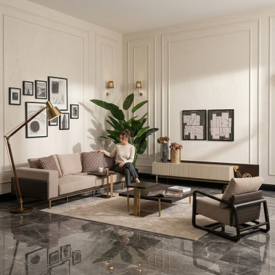 Kompletna sofa do salonu Stoliki do kawy Sofa materiałowa 6-częściowa beż Drewno Modern