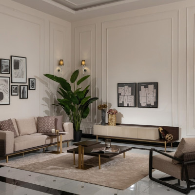 Kompletna sofa do salonu Stoliki do kawy Sofa materiałowa 6-częściowa beż Drewno Modern