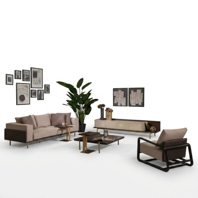 Kompletna sofa do salonu Stoliki do kawy Sofa materiałowa 6-częściowa beż Drewno Modern