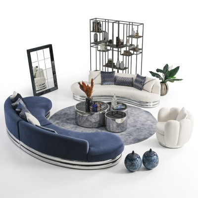 Kompletny zestaw kanapowy, sofa materiałowa, sofa tapicerowana, zestaw sof niebieski, 3 sztuki
