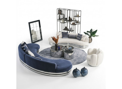 Kompletny zestaw kanapowy, sofa materiałowa, sofa tapicerowana, zestaw sof niebieski, 3 sztuki