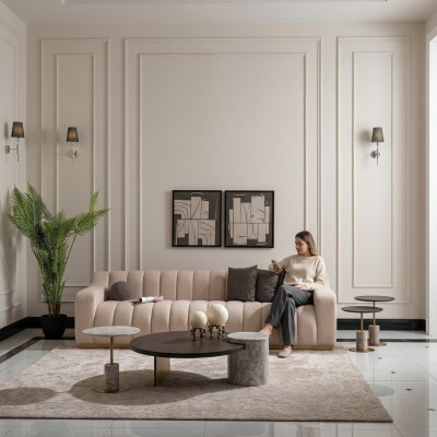 Ustawić salon trzyosobowy Stoliki do kawy 4-częściowa sofa materiałowa beż Drewno