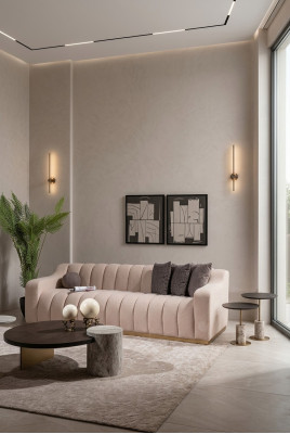 Ustawić salon trzyosobowy Stoliki do kawy 4-częściowa sofa materiałowa beż Drewno