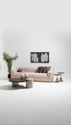 Ustawić salon trzyosobowy Stoliki do kawy 4-częściowa sofa materiałowa beż Drewno