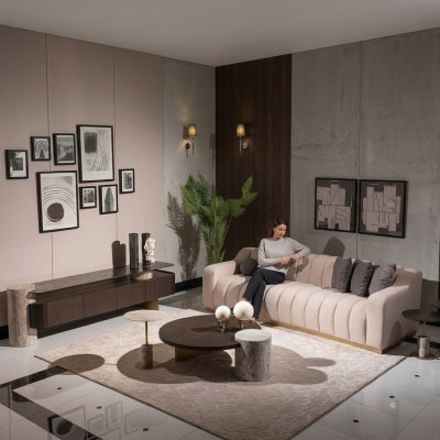 Luksusowa Kompletna Sofa do Salonu Stoliki boczne 6szt Materiał Beżowe Drewno