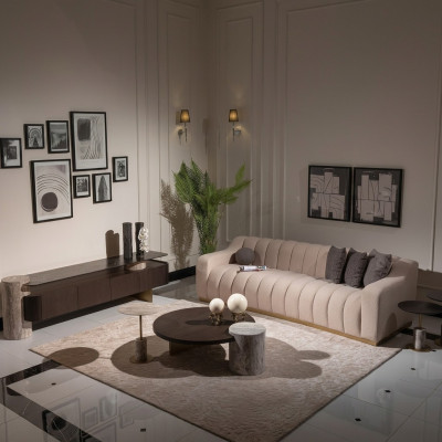 Luksusowa Kompletna Sofa do Salonu Stoliki boczne 6szt Materiał Beżowe Drewno