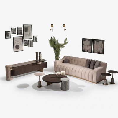 Luksusowa Kompletna Sofa do Salonu Stoliki boczne 6szt Materiał Beżowe Drewno