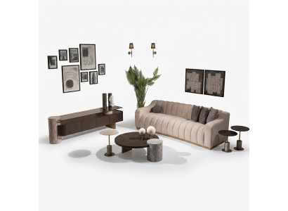 Luksusowa Kompletna Sofa do Salonu Stoliki boczne 6szt Materiał Beżowe Drewno