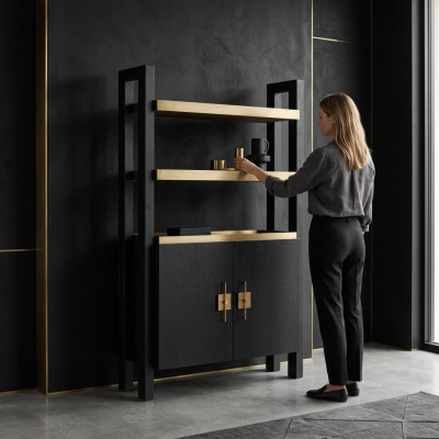 Szafa z Półkami Szafka Drewniana Drewno Czarny Design Złota Nowość