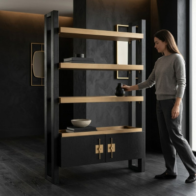 Design Szafa z Półkami Szafka Drewniana Szafka Drewniana Czarny Złoty