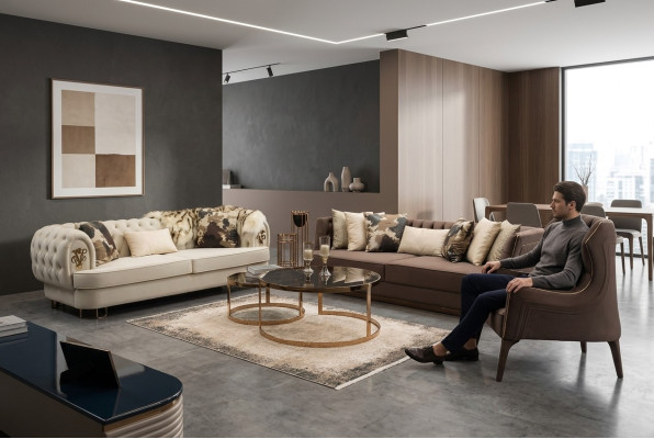 Zestaw sofowy trzyosobowa sofa materiałowa Fotel sofa tapicerowana brązowy zestaw sof