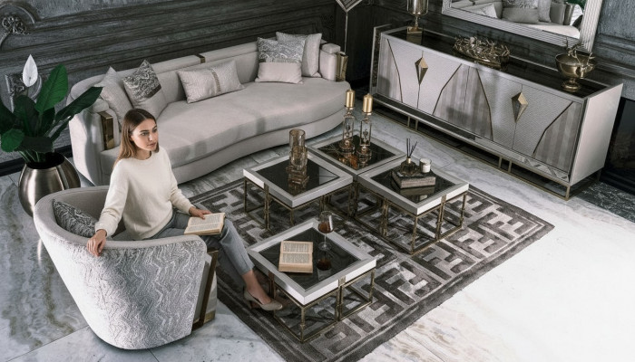 Luksusowa sofa materiałowa Fotel do salonu Stoliki do ekspresu zestaw 7 sztuk w kolorze szarym