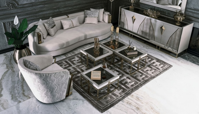 Luksusowa sofa materiałowa Fotel do salonu Stoliki do ekspresu zestaw 7 sztuk w kolorze szarym