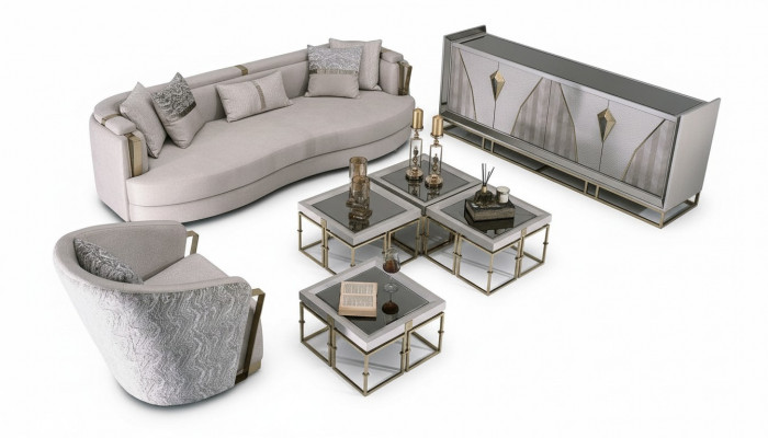 Luksusowa sofa materiałowa Fotel do salonu Stoliki do ekspresu zestaw 7 sztuk w kolorze szarym