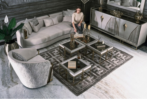 Pokój dzienny Grupa Sofas Sofa materiałowa Fotel Stoliki do kawy Zestaw 6 sztuk w kolorze szarym