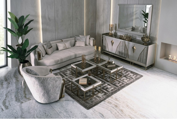 Pokój dzienny Grupa Sofas Sofa materiałowa Fotel Stoliki do kawy Zestaw 6 sztuk w kolorze szarym