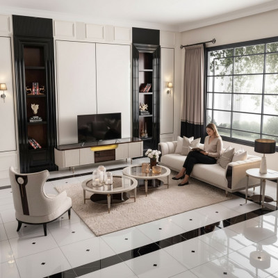 Salon Grupa trzyosobowa Sofa materiałowa Fotel 6-częściowa beżowa Stoliki do kawy
