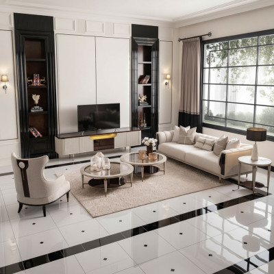 Salon Grupa trzyosobowa Sofa materiałowa Fotel 6-częściowa beżowa Stoliki do kawy