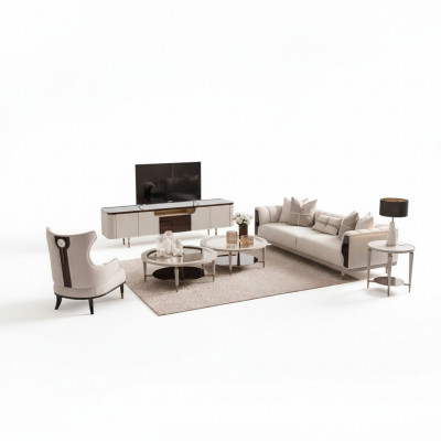 Salon Grupa trzyosobowa Sofa materiałowa Fotel 6-częściowa beżowa Stoliki do kawy