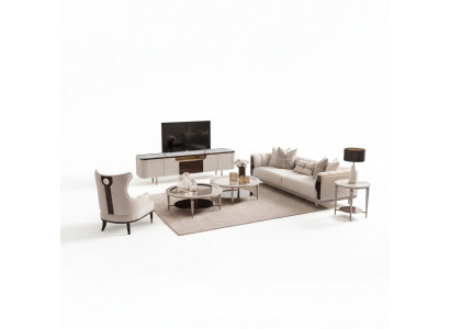 Salon Grupa trzyosobowa Sofa materiałowa Fotel 6-częściowa beżowa Stoliki do kawy