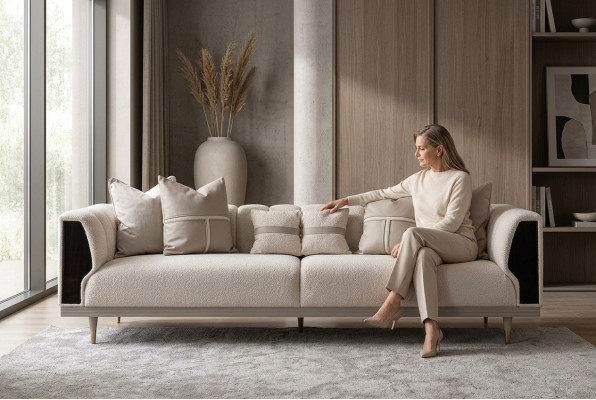 Luksusowa trzyosobowa sofa 3 miejsce do siedzenia Sofa tapicerowana w kolorze beżowym, nowoczesna sofa materiałowa
