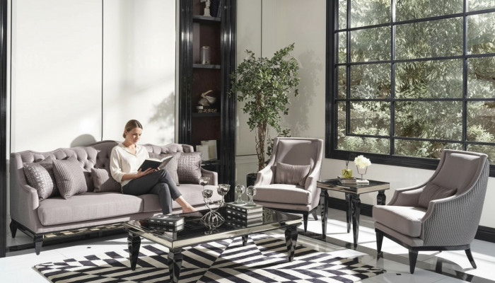 Zestaw sofowy 3 Stoliki do kawy sofa materiałowa szara komplet 5-częściowy trzyosobowy