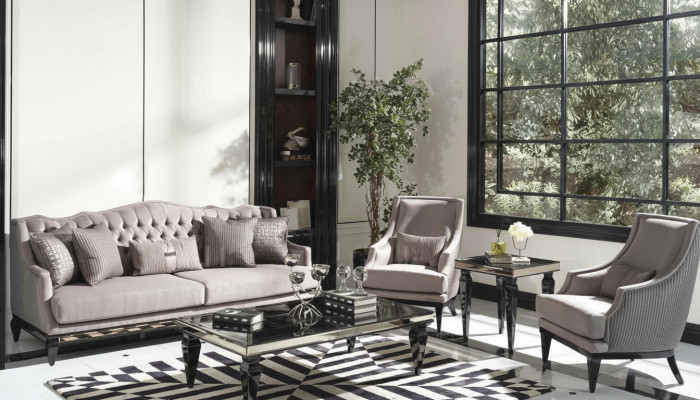 Zestaw sofowy 3 Stoliki do kawy sofa materiałowa szara komplet 5-częściowy trzyosobowy