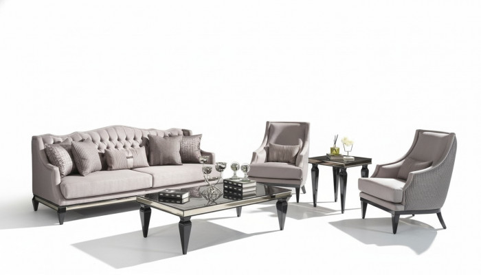 Zestaw sofowy 3 Stoliki do kawy sofa materiałowa szara komplet 5-częściowy trzyosobowy