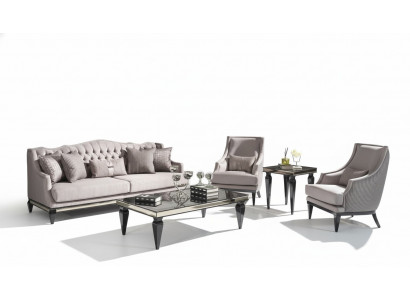 Zestaw sofowy 3 Stoliki do kawy sofa materiałowa szara komplet 5-częściowy trzyosobowy