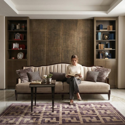 Sofa czteroosobowa 4 miejsce do siedzenia Stolik Kompletna sofa materiałowa Szare Drewno