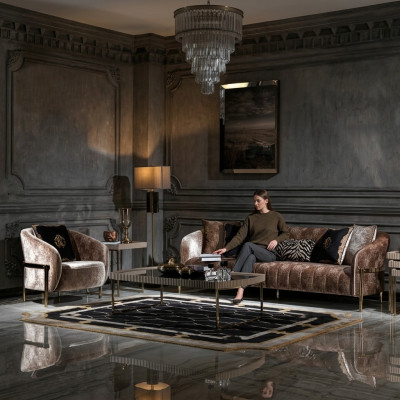 Zestaw kanapowy trzyosobowy Fotel beżowy materiałowy sofa tapicerowana stolik kawowy