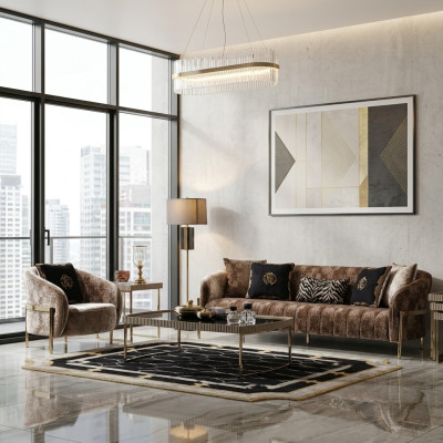 Zestaw kanapowy trzyosobowy Fotel beżowy materiałowy sofa tapicerowana stolik kawowy