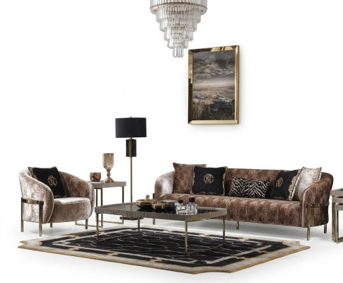 Zestaw kanapowy trzyosobowy Fotel beżowy materiałowy sofa tapicerowana stolik kawowy